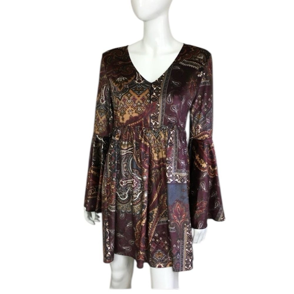 Boston Proper Multicolor Paisley Print Bell Sleeves Velour Mini Boho Dress S
